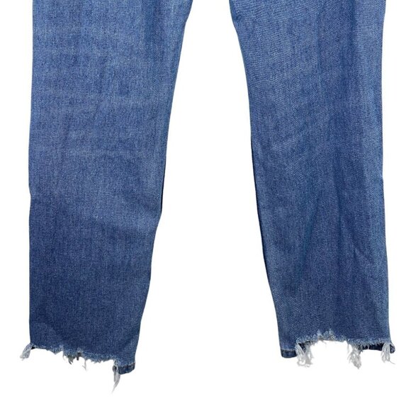 American Eagle Mom Jeans 6 High Rise Ripped Knee Tapered Leg Raw Hem Blue Denim - Picture 7 of 8